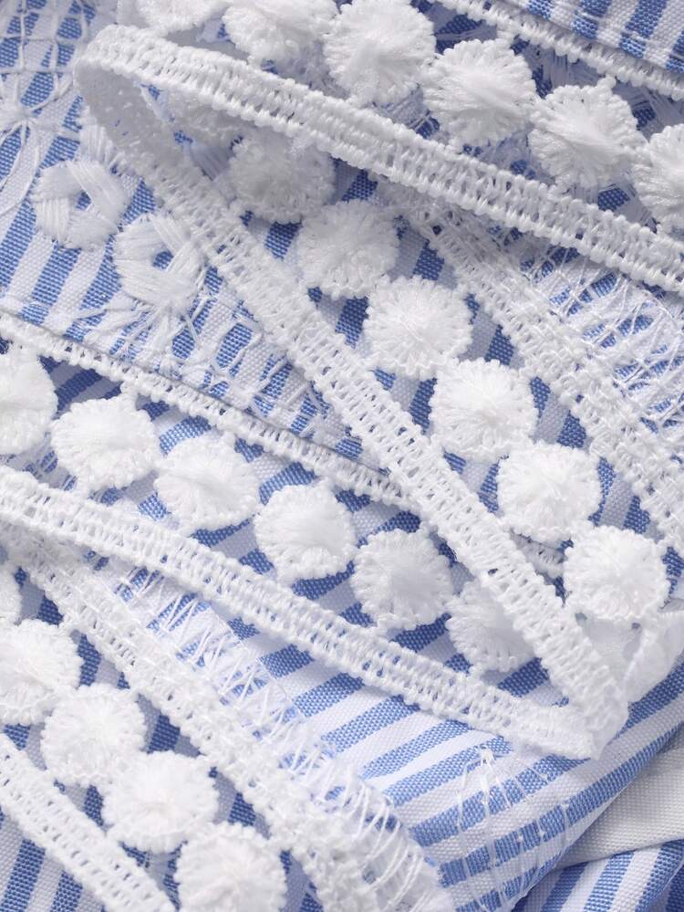 Women's Elegant Striped Floral Lace Patchwork Off-Shoulder Top And Frill Trim Skirt 2-Piece Set, Summer