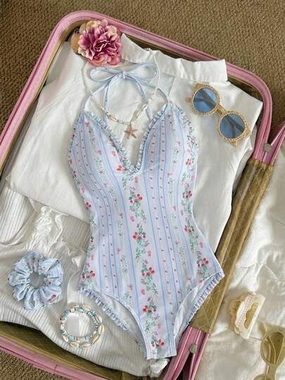 SHEIN MOD 女士性感露背碎花连体泳衣，度假款