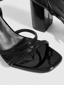 CUCCOO SZL Women's Square Toe Rhinestone Ankle Strap Sandals For Christmas - Black - View 6