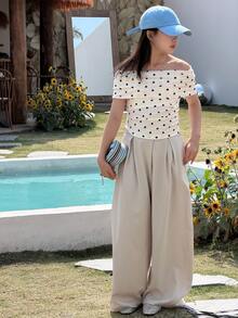 DAZY Tween Girls' Casual Polka Dot Print Off Shoulder T-Shirt, Summer - Beige - View 4