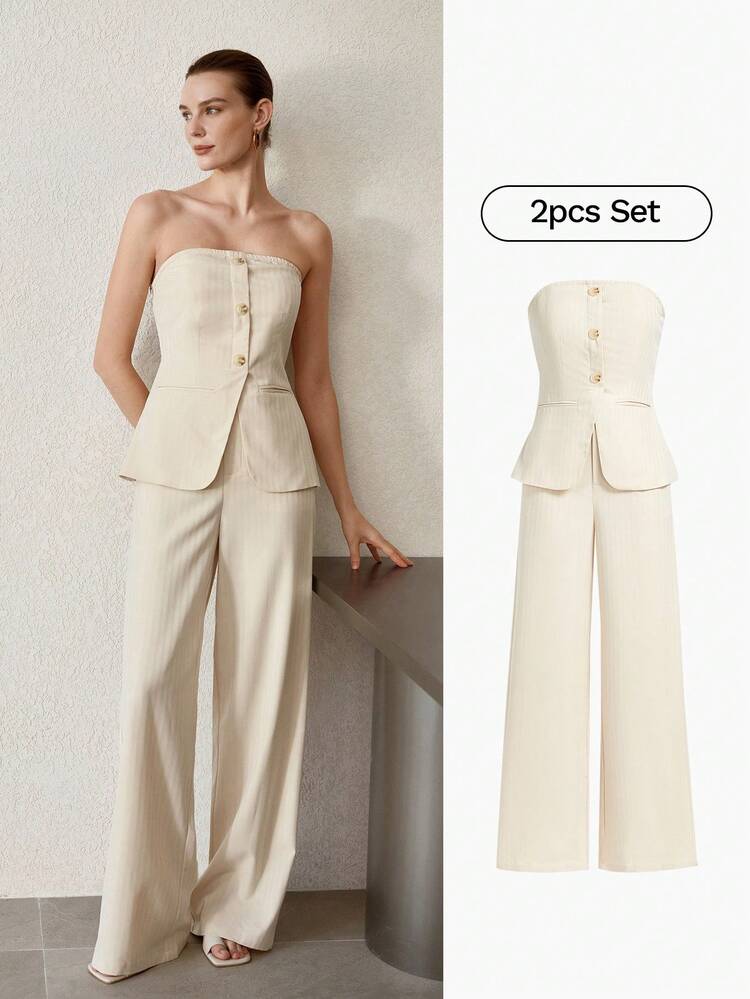 2PCS WOMEN'S BUTTON-UP TUBE TOP & WIDE LEG PANTS SET, VERSATILE STYLING, ALL SEASON