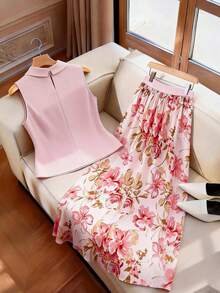 GlowEve CURVE 大码女士优雅浪漫碎花半身裙+纯色独特上衣两件套，优雅浪漫两件套，适合甜蜜约会、海滩度假和日常通勤。 - 彩色 - 查看 2