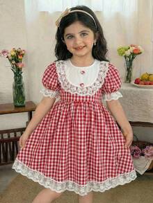 SHEIN Young Girl Young Girl Woven Plaid Round Neck Puff Sleeve Fitted Dress - Red - View 1