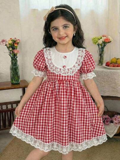 SHEIN 女童格子圆领泡泡袖修身连衣裙