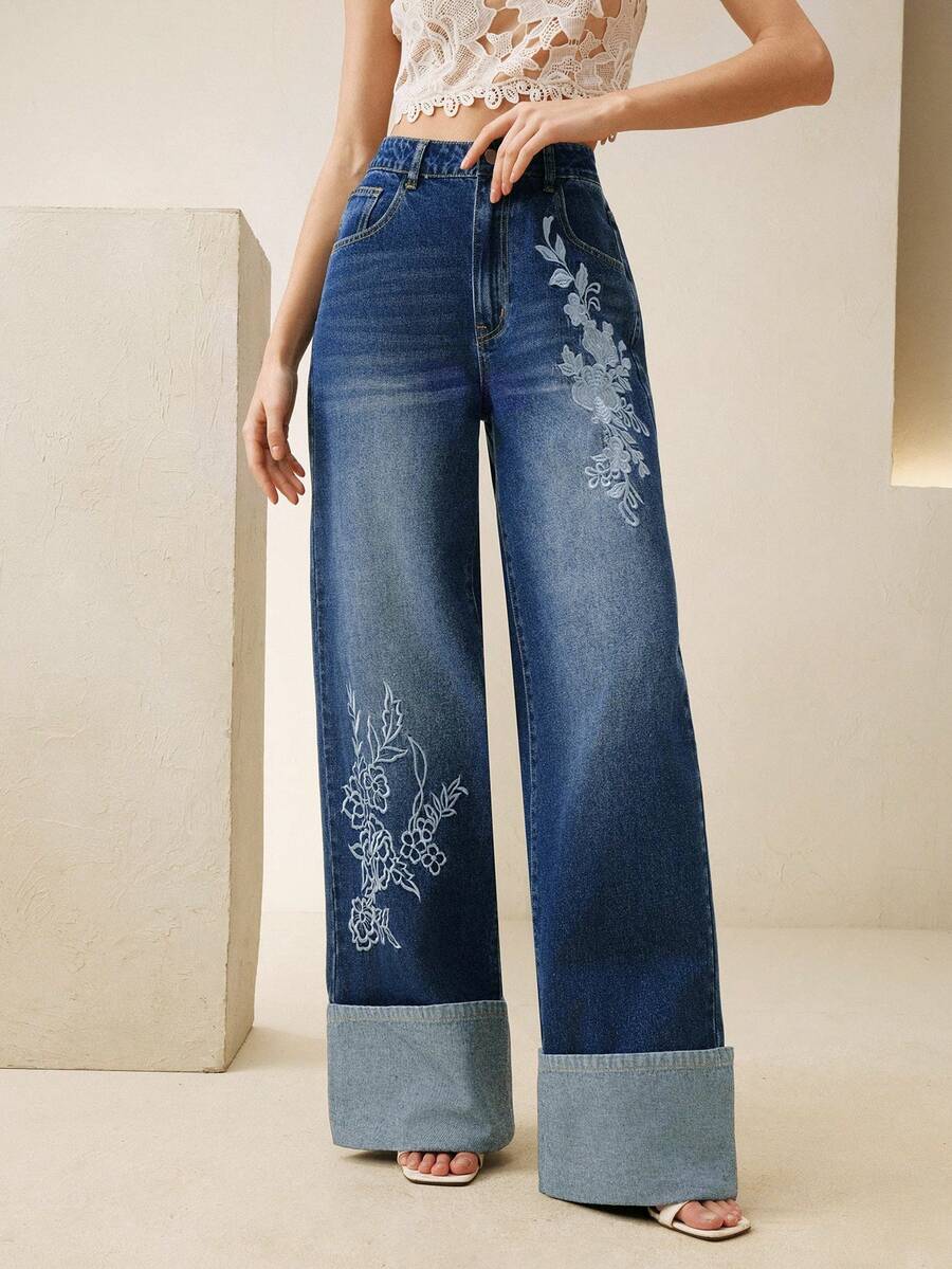 Anewsta 女士新款时尚重工刺绣直筒牛仔裤 - 藍色 - 查看 1