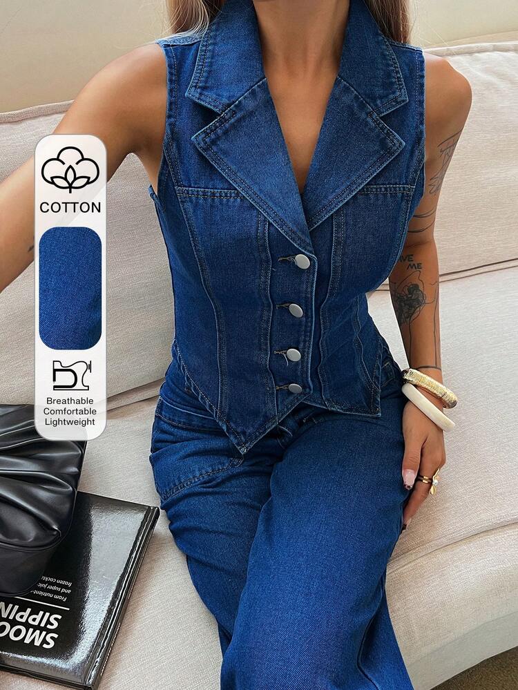 Women's Casual Washed Denim Vest & Wide Leg Pants 2-Piece Suit, Spring/Summer,Wedding Guest Dress Women