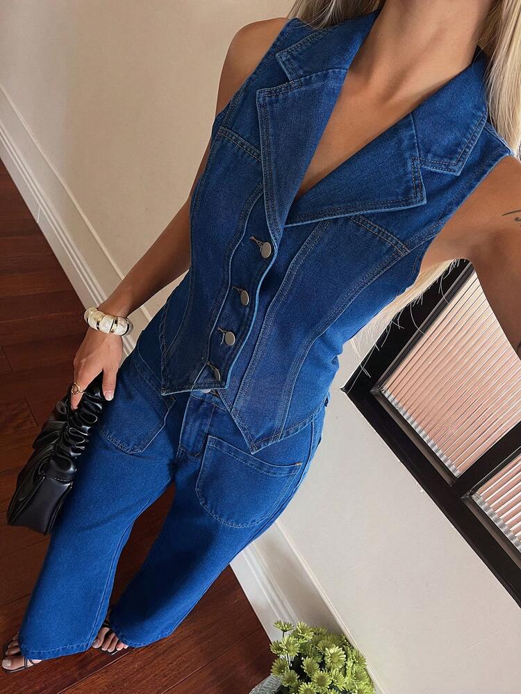 Women's Casual Washed Denim Vest & Wide Leg Pants 2-Piece Suit, Spring/Summer,Wedding Guest Dress Women