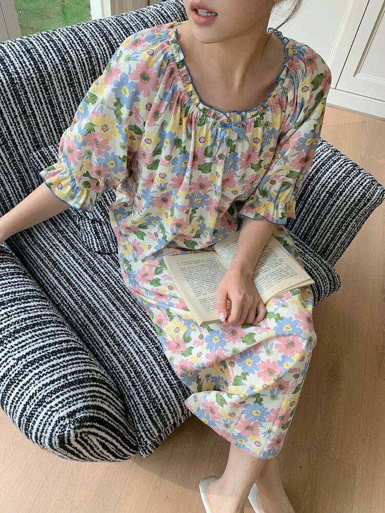 Dazy Plus Floral Print Cute Plus Size Scoop Neck Ruffle Hem Short Sleeve Long Loose Fit Plus Size Women Summer Nightgown