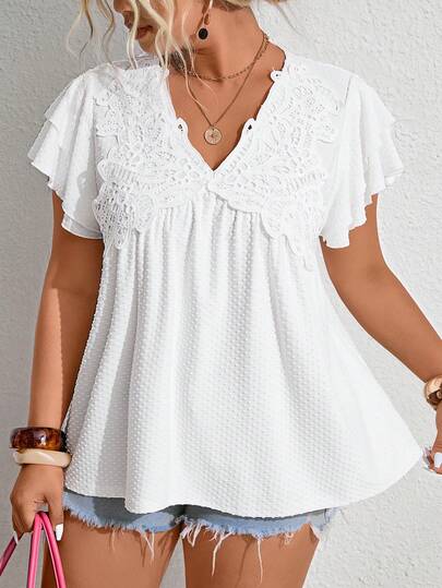 Breezaya Plus Size Women V-Neck Contrast Lace Ruffle Sleeve Fashion T-Shirt