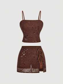 Skyraze Conjunto de dos piezas vintage glamoroso con bordado de lazo y lentejuelas marrones - Para fiesta, boda, salida, lindo, cita, fiesta, ropa de verano y primavera para mujer, vacaciones de primavera, vacaciones, picnic, festival, atuendo de cumpleaños - Marrón - Ver 2