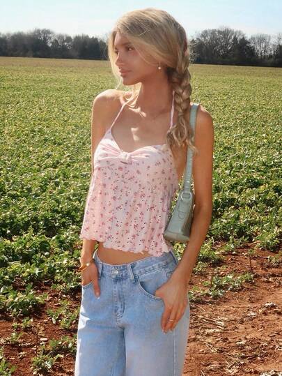 Sydney Algeri 黄色碎花镂空V领可爱性感露背吊带背心上衣短款春夏