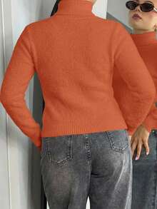 Bethéva Women's Solid Color Turtleneck Long Sleeve Fleece Casual Sweater For Autumn And Winter,Long Sleeve Tops Knit Pullover Fall Outfit - Burnt Orange - View 3