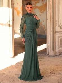 Aureia Elegant Luxurious Diamond Design Sheer Long Sleeve Ruched Mermaid Dress,Suitable For Weddings,Parties,Bridal,Mother Of The Bride,Evening Gowns - Green - View 8