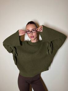 Abrilcols 棕色针织袖口系带宽松套头衫，秋冬 - 軍綠色 - 查看 6