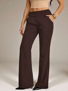 SHEIN Tall Quần nữ cạp thấp màu trơn, quần đen - màu nâu - Xem 6