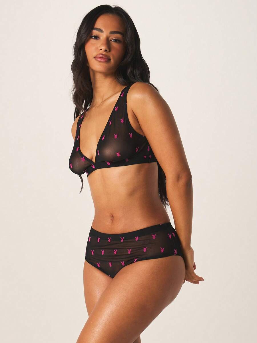 Missguided x Playboy Intimate Flock Mesh Bralette And High Waist Panty Set With Bunny Print For Special Occasions And Date Nights - Black - View 1