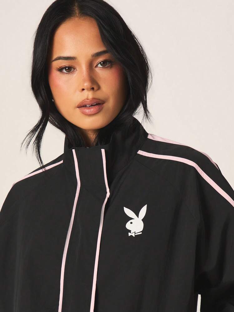 Missguided x Playboy Bunny Logo Oversized Full Zip Track Jacket With Contrast Pink Piping Detail For Casual Winter Streetwear