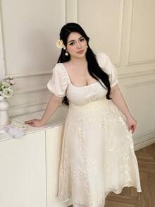 Vibekara Plus Size Women's Square Neck Ruched Bust Waist A-Line Dress - Apricot - View 5