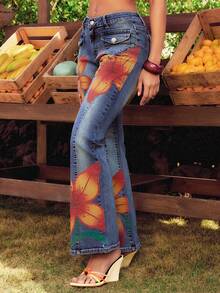 ROMWE Y2K 岛屿女孩低腰紧身印花女式牛仔裤 - 彩色 - 查看 4