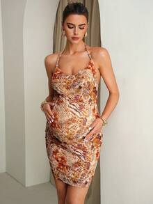 MaterniChic Pregnant Women's Sexy Floral Print Backless Halter Dress, Summer Summer Outfits  Elegant Dresses Graphic - Multicolor - View 3