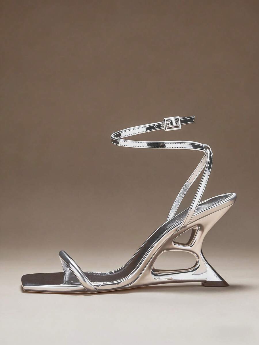 SHUZIA Women's Minimalist Sexy Ankle Strap Wedge Sandals - Silver - View 1
