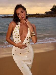 Opulessa V领亮片装饰长裙 - 杏色 - 查看 4