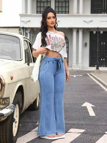 Flexra Women's Drawstring Waist Wide Leg Loose Casual Versatile Jeans - Blue - View 7