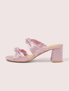 CUCCOO DOLLMOD Chaussures femme à bout rond en satin rose tendre, avec décoration de nœud à pois mignonne. Style rétro, talon épais, sandales à talons hauts pour le thé de l'après-midi - À peine rose - Voir 7