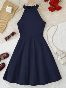 SHEIN 少女藏蓝色针织露背无袖A字腰线派对连衣裙，适合圣诞节和新年穿着 - 藏蓝色 - 查看 3