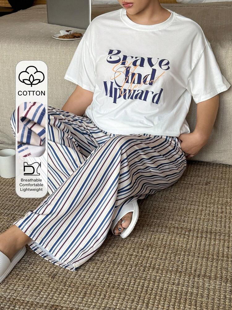 Dazy Plus Plus Size Women Casual Letter Print Loose Long Sleeve Top And Plaid Straight Leg Pants Pajama Set, Spring/Summer/Autumn
