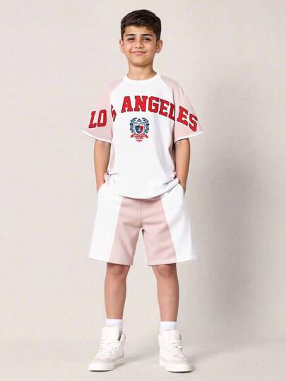 2pcs Tween Boy Casual Sportswear Two Pieces Set: Color-Blocked Patchwork English Letter Print Short-Sleeved Shirt And Shorts. Suitable For Everyday Casual Wear, Sports, School, And Lounging At Home. Perfect For Spring And Summer.