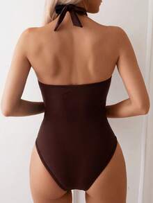 SHEIN Swim Maillot de bain une pièce pour femmes de couleur unie avec décolleté croisé et effet ajouré - Acajou - Voir 2