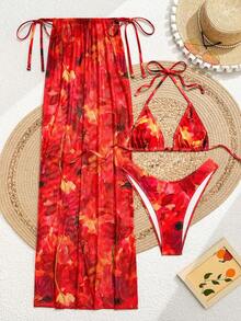Swim Vcay Nuevo conjunto de 3 piezas de verano para mujer con estampado de tinta de bloqueo de color tie-dye, que incluye falda midi ajustada y bikini de baño para vacaciones románticas en la playa - Multicolor - Ver 2
