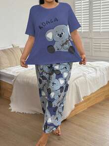 SHEIN 大码灰色牛奶丝针织考拉印花短袖睡衣套装 - 藍色 - 查看 6