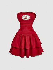 SHEIN MOD 复古可爱红色樱桃印花蕾丝边双层裙摆蛋糕裙——约会、派对、女士春夏装、春假、度假、野餐、节日、生日装 - 紅色 - 查看 2