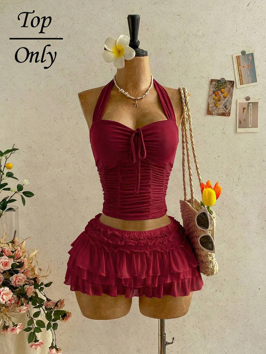 Soleia Áo kiểu trễ vai xếp ly bằng chiffon lãng mạn dành cho nữ, thích hợp cho kỳ nghỉ xuân/hè. - Màu Đỏ Sâu - Xem 1