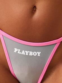 Missguided x Playboy 女士网眼三角内裤，带Logo和撞色粉色滚边 - 灰色 - 查看 3