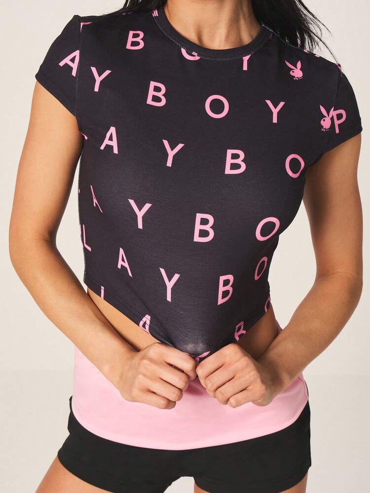 Missguided x Playboy Women's Short Sleeve Letter Print Crop Tee Black With Pink Typography All Over Pattern Summer Fashion Casual Top