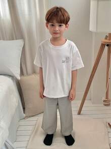 Dazy Kids Young Boy Cartoon Letter Print Round Neck Short Sleeve Top And Striped Pants Casual Loungewear Pajama Set - White - View 3