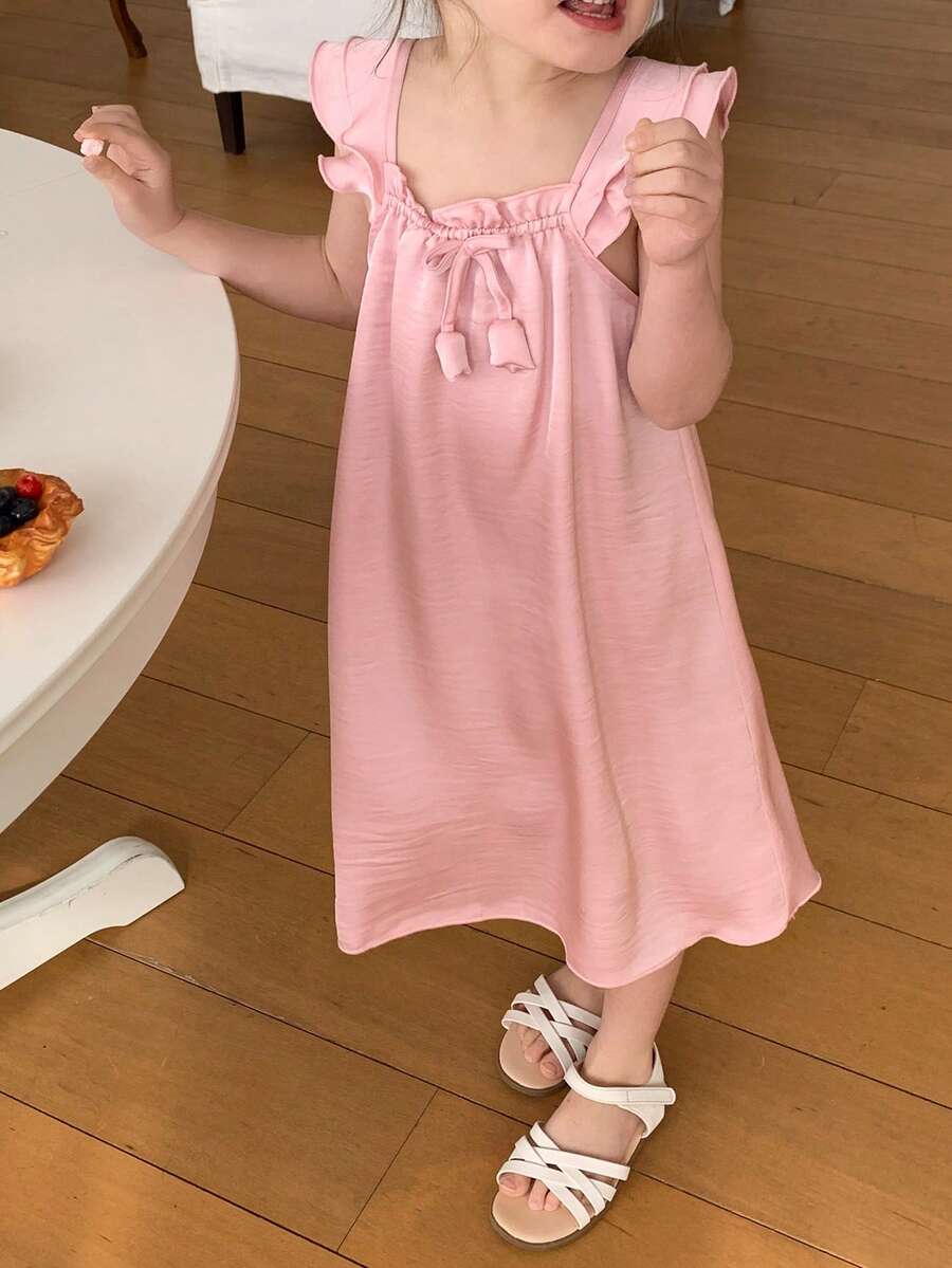 Dazy Kids 女童夏季休闲纯色荷叶袖睡裙家居服 - 粉色 - 查看 1