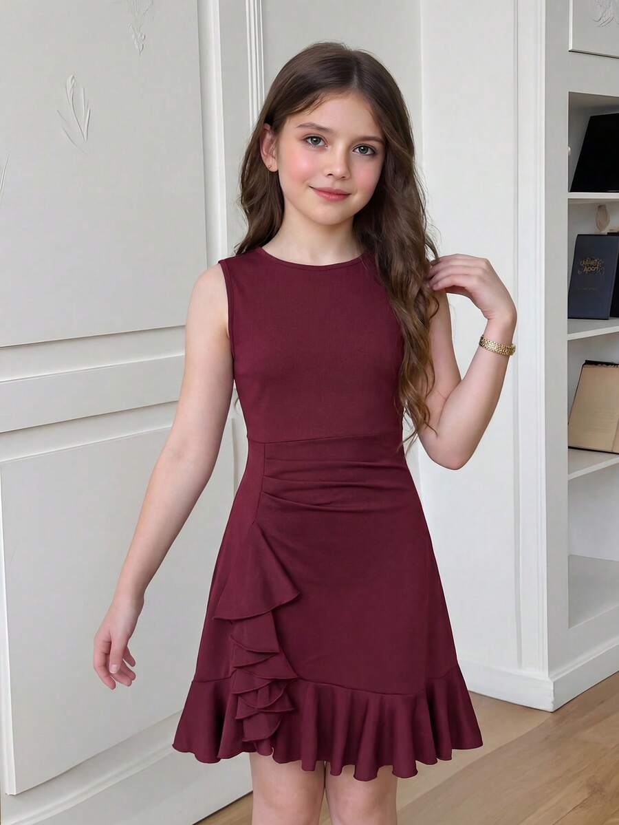 少女优雅圆领无袖荷叶边连衣裙 - 紅色 - 查看 1