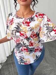 Elenzga Áo sơ mi nữ cỡ lớn in họa tiết cổ tròn tay bèo nhún phong cách thường ngày đi nghỉ mát - Nhiều màu - Xem 5