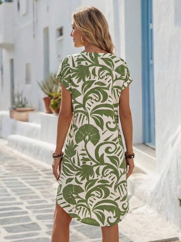 Women's Summer Casual Short Sleeve V-Neck ,All-OverPrint Button Front Mid-Length Vacation Dress