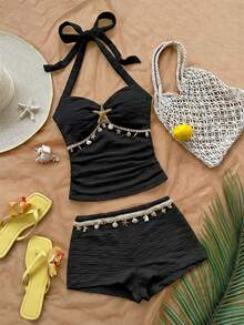 Soleia 女士金属海星装饰褶皱吊带上衣和短裤两件套 - 黑色 - 查看 4