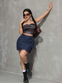 SHEIN Tall Women's Casual Asymmetric Hem Denim Skirt With Side Tie Design - Dark Wash - View 6