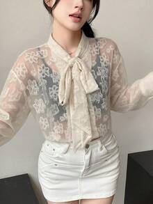 DAZY 女士宽松纯色长袖雪纺系领休闲夏季上衣外出服 - 杏色 - 查看 5