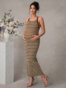 SHEIN Striped Long Maternity Dress With Open Back And Criss-Cross Straps - Multicolor - View 4