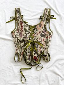 Soleia 女款夏季鄉村風掛脖前綁帶短版上衣，復古波希米亞花卉束腰上衣，適合野餐、派對、海灘、郵輪度假與海島旅行 - 紅色 - 查看 2