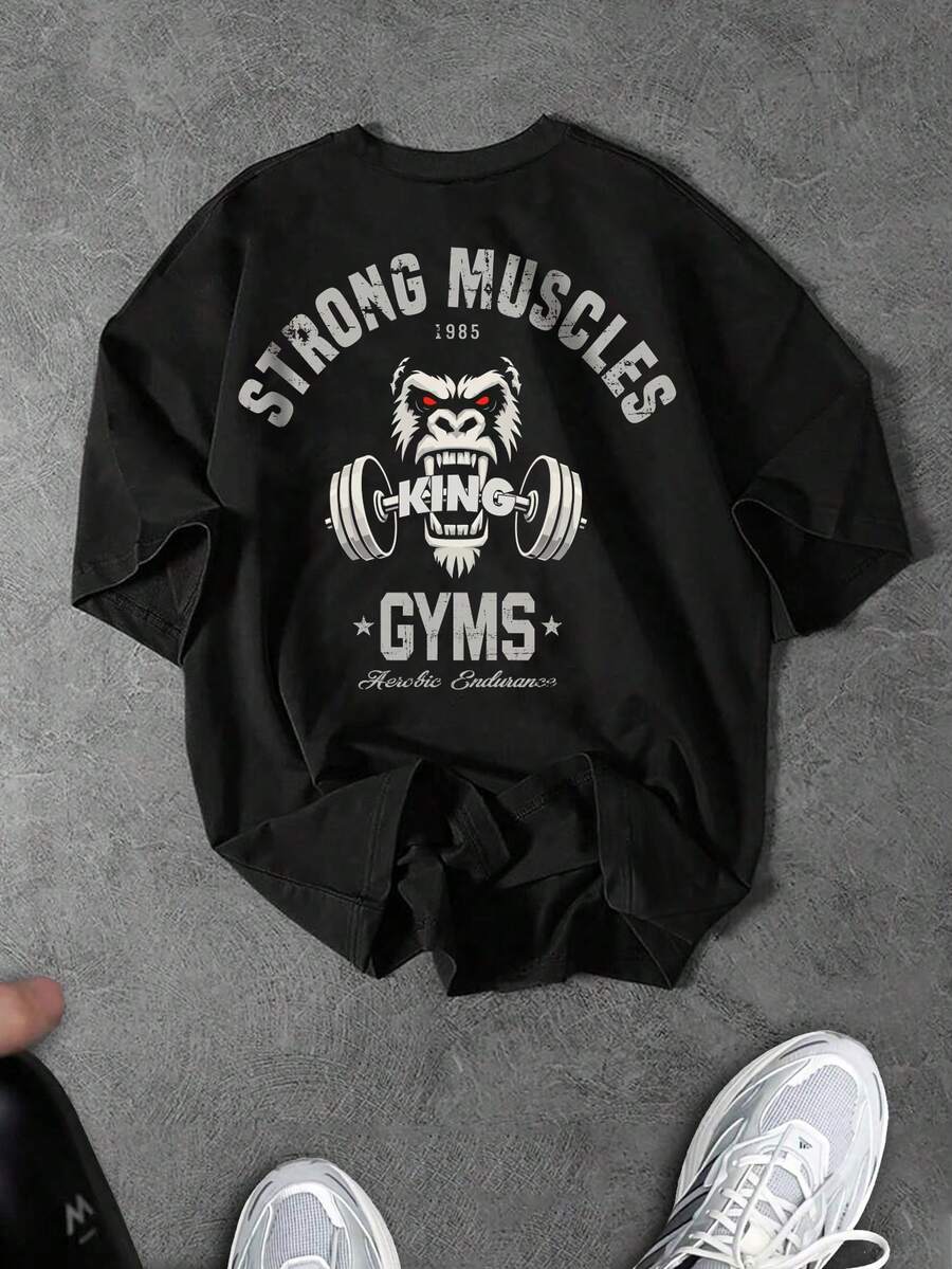 Sport MetroGents Camiseta deportiva de cuello redondo con estampado de gorila y ajuste holgado para hombre - Negro - Ver 1