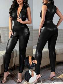 Eryvara Women Black Sexy Sleeveless Shiny Faux Crocodile Skin Front Zipper Jumpsuit, Long Sleeve Clubwear Party Date Night, New Design, Spring/Summer Fall Cloth For Women Sexy Party/Night Club//Street/Date/Halloween/Valentine's Day New Arrival Concert Outfit Evening Birthday Club Slim Bodycon Original Design Long Leggings Jumpsuit - Black - View 1